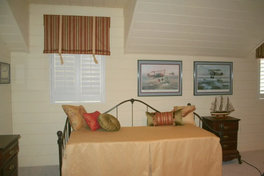 Daybed Makeover completed, valances, shutters, bedding 