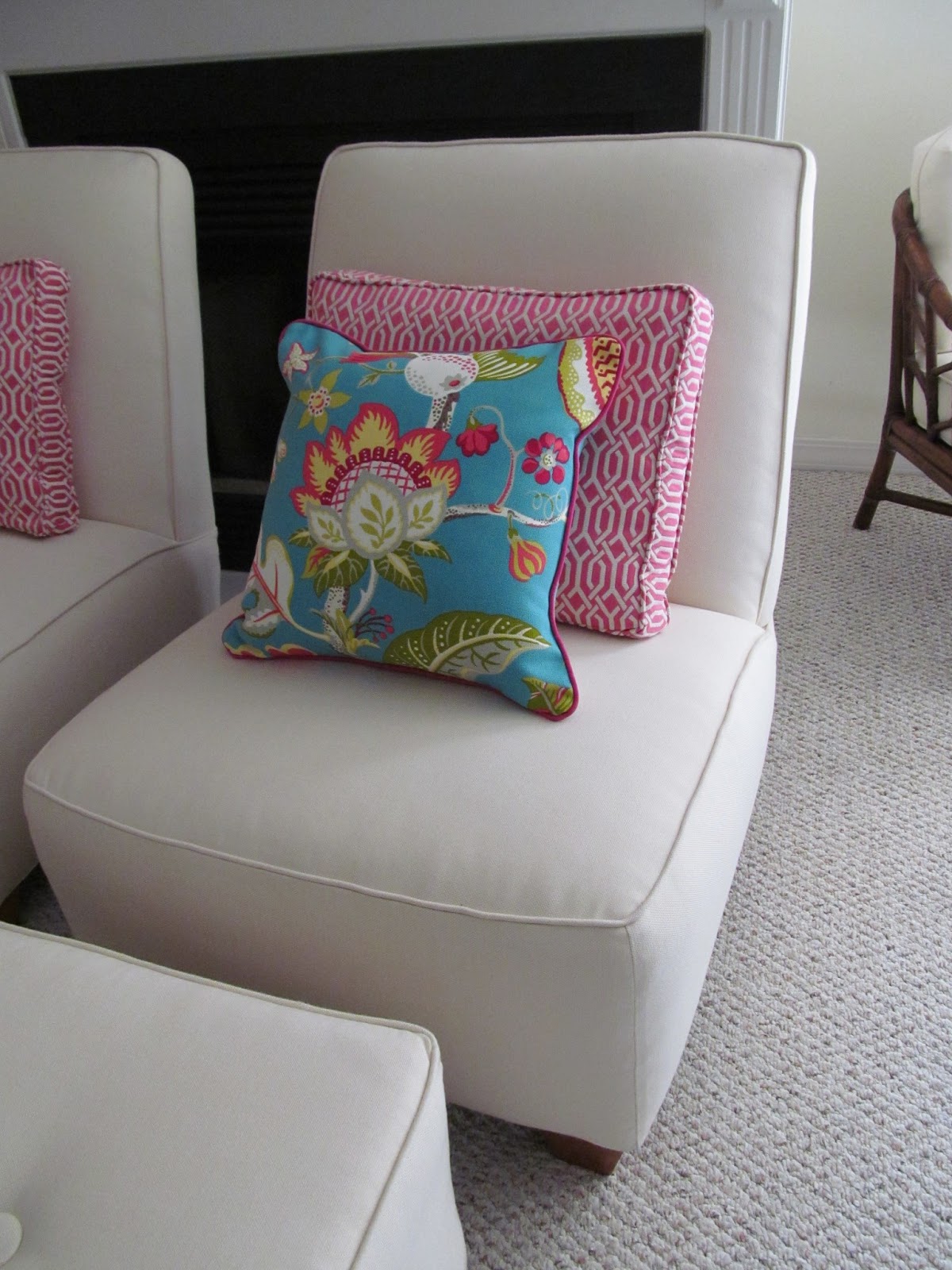 Sunbrella Fabric Facelift with Custom pillows #upholstery #slipcovers #sunbrellafabric #whiteslipcovers #kippiathome