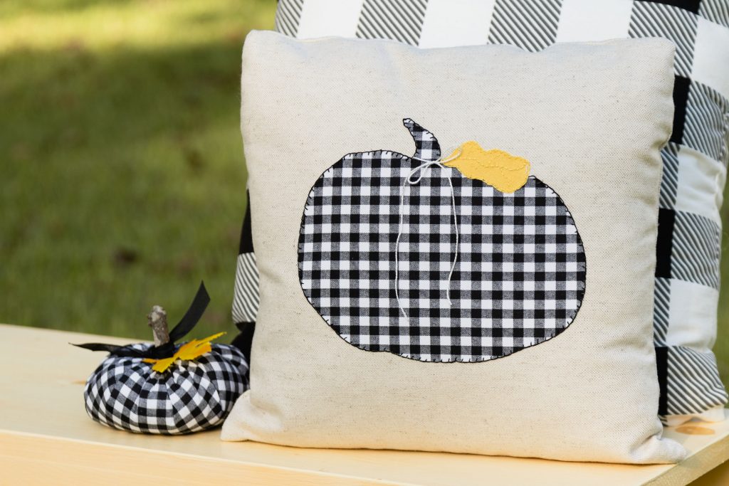 Black and white plaid/check pillows and pumpkin ready for fall, easy applique pattern 