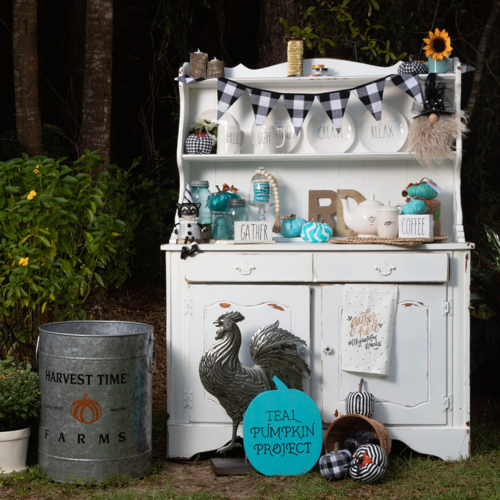 Vintage Kitchen Hutch Decorated with Teal Pumpkin Project