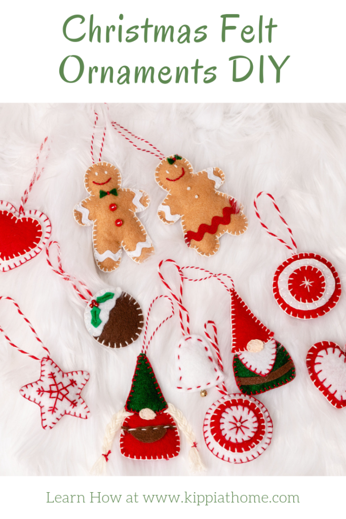 Christmas felt ornaments sitting on white fur