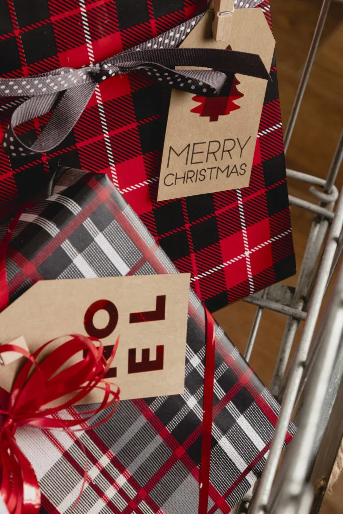 Fun plaid gift wrappings with custom gift tags