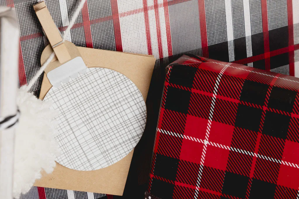 Plaid gift wrap with custom gift tag
