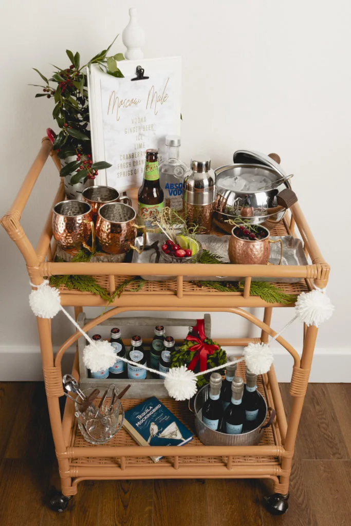 Vintage bar cart decorated for Christmas 
