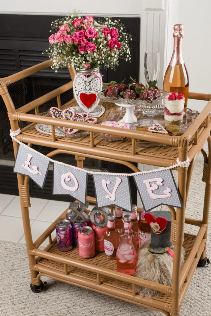 Valentine's Bar Cart Styled, Easy Sweet Treats, Gnomes, SVG File Love Banner, Recipes #floral #raspberryparfait #pinkdrinks #chocolatestrawberries #kippiathome