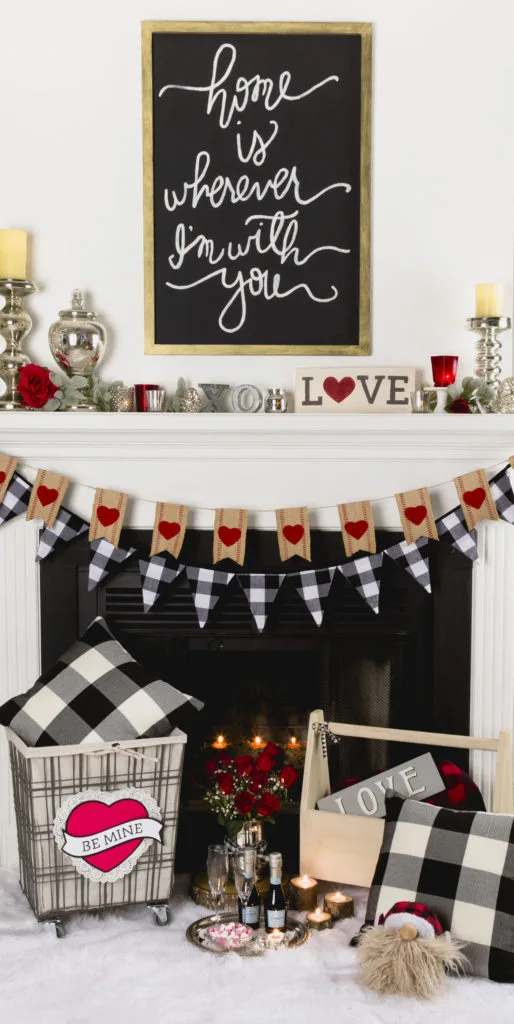 Valentine's Mantel Decor Valentine's Mantel Decor, Cricut Maker Valentine Design, Gnome, Buffalo Check Decor #Valetninegnome #gnome #velantine #Cricutmaker #kippiathome