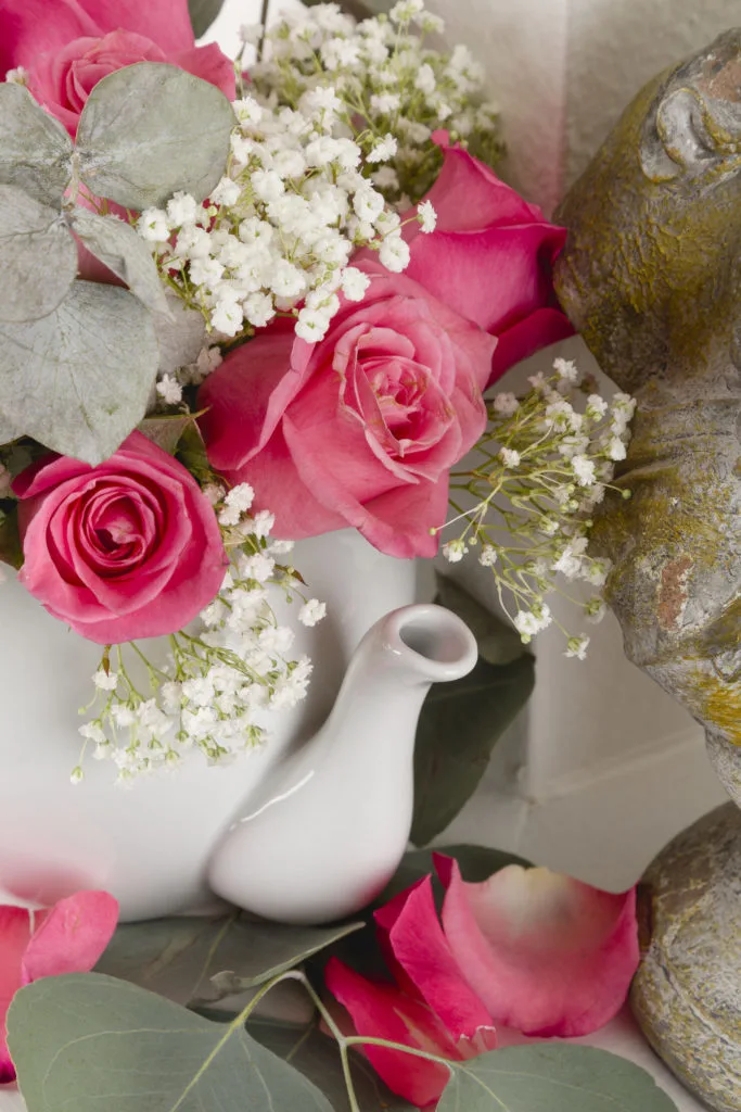 Sweet pink roses and baby's breath in a teapot Teapot Centerpiece Hand Painted Sign