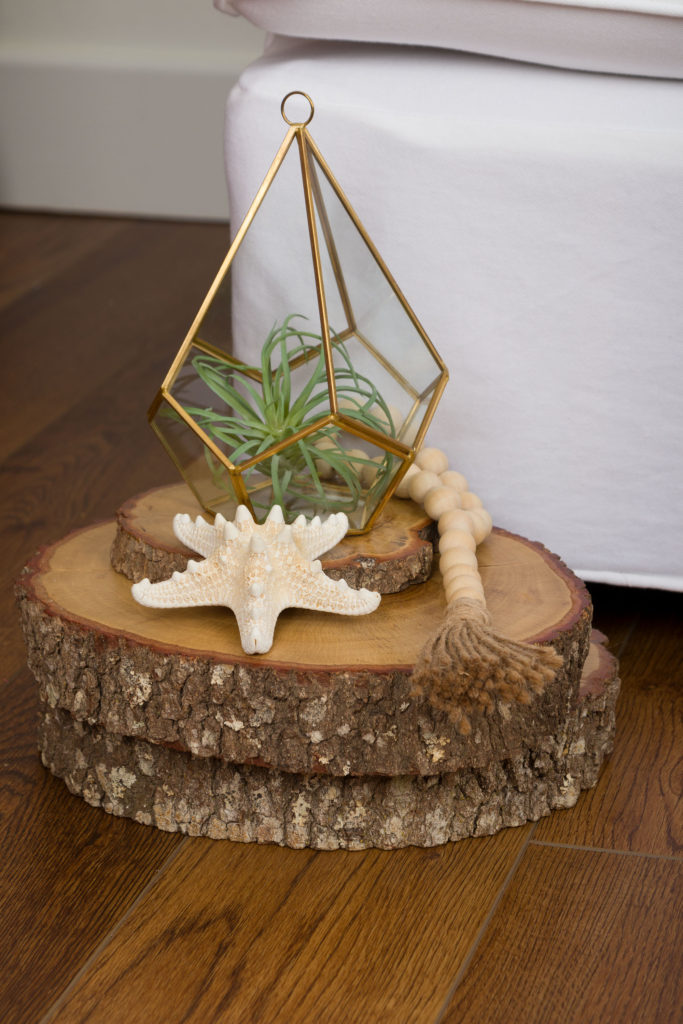 Tree slices, planter and air plant, easy to update with white slipcovers