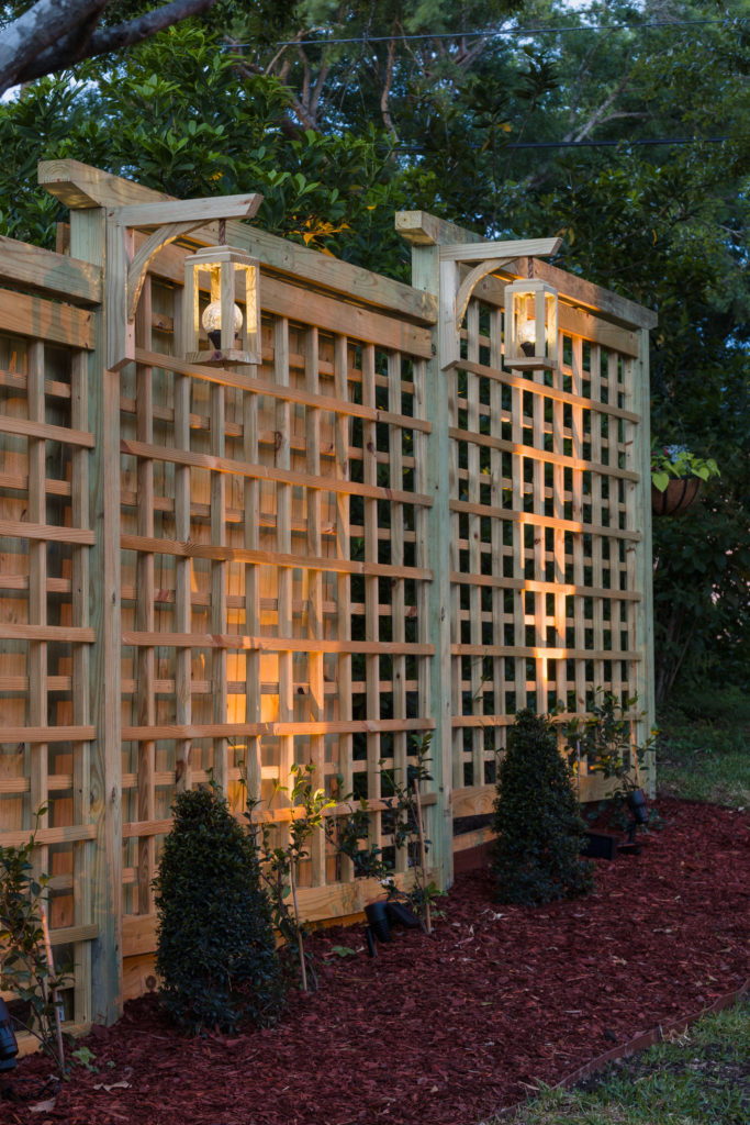 Trellis at dusk, solar lanterns and garden screen