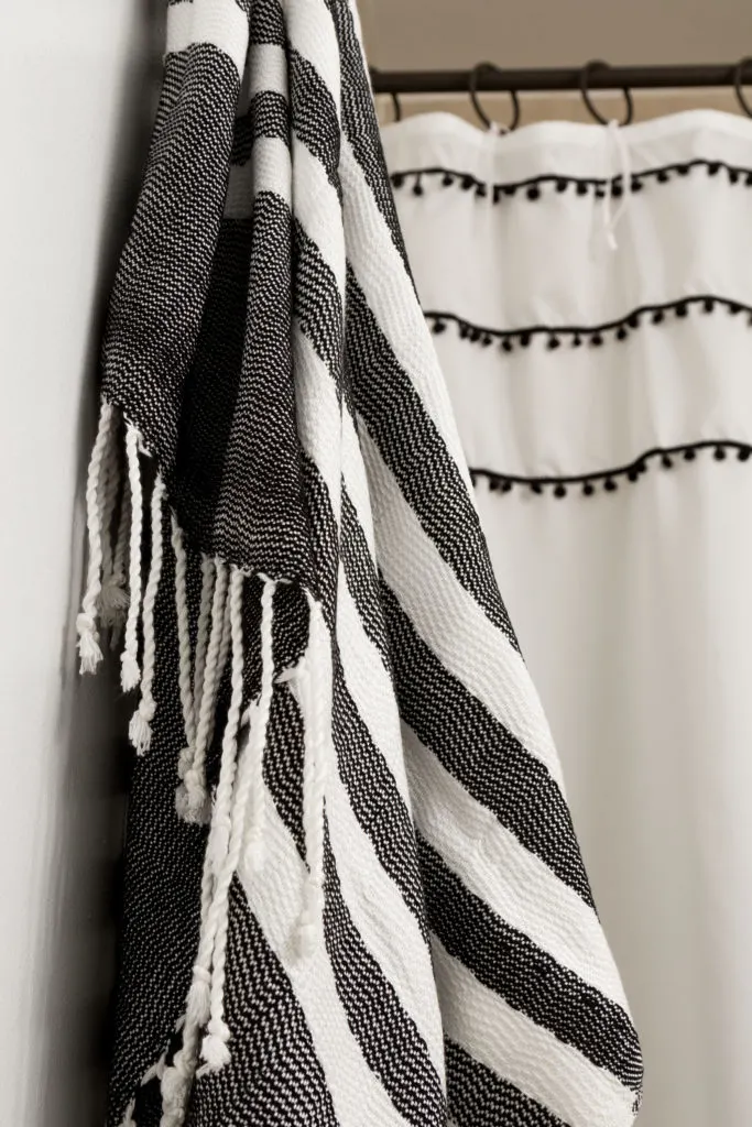 Turkish towels, Boho Style Shower Curtain with Ties, learn how, fresh bathroom updates