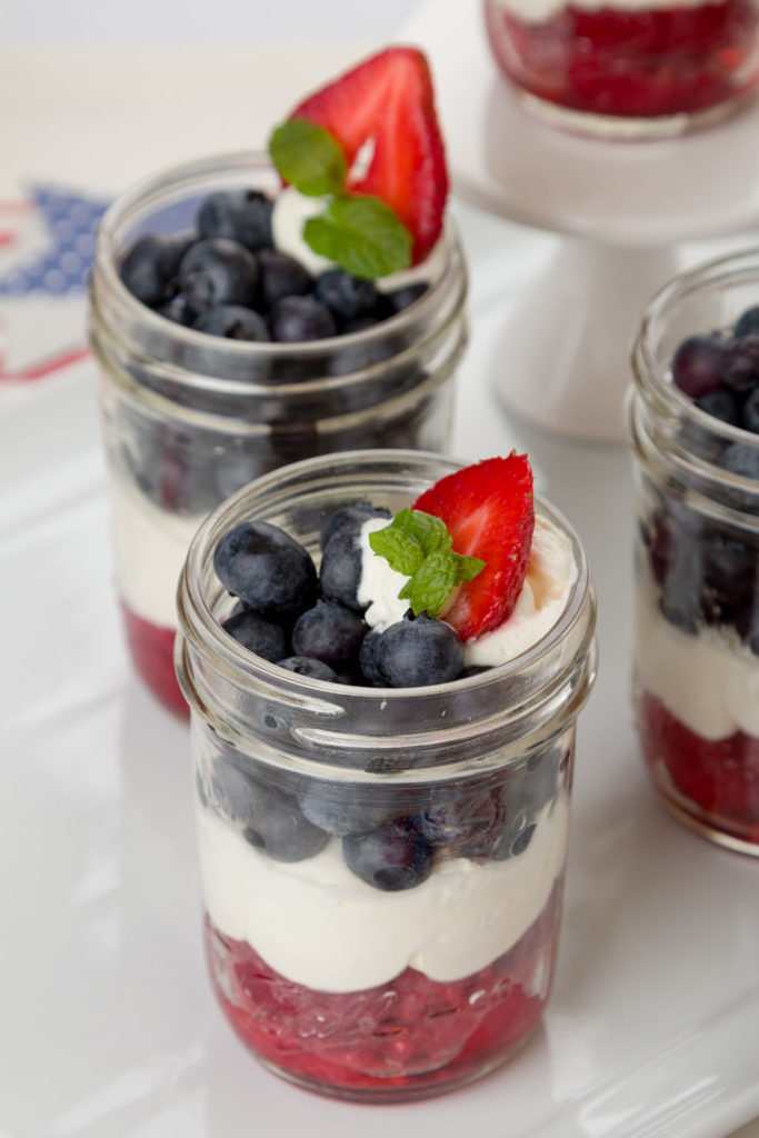 Red, white and blue parfait , served in jars