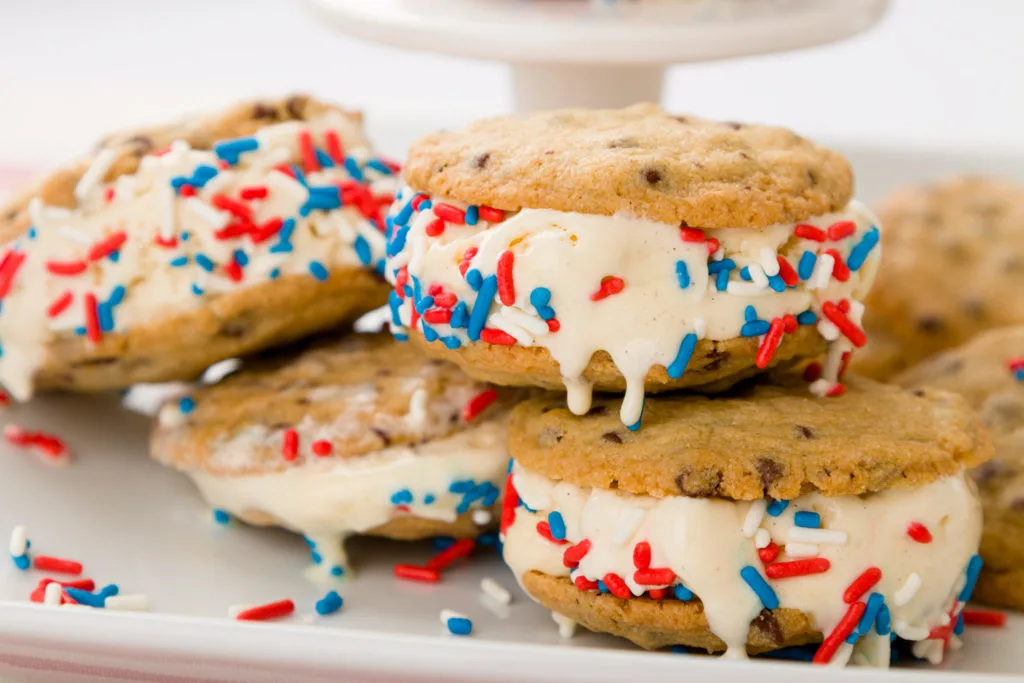 Chocolate Chip Cookie Ice Cream Sandwiches with red, white and blue sprinkles 