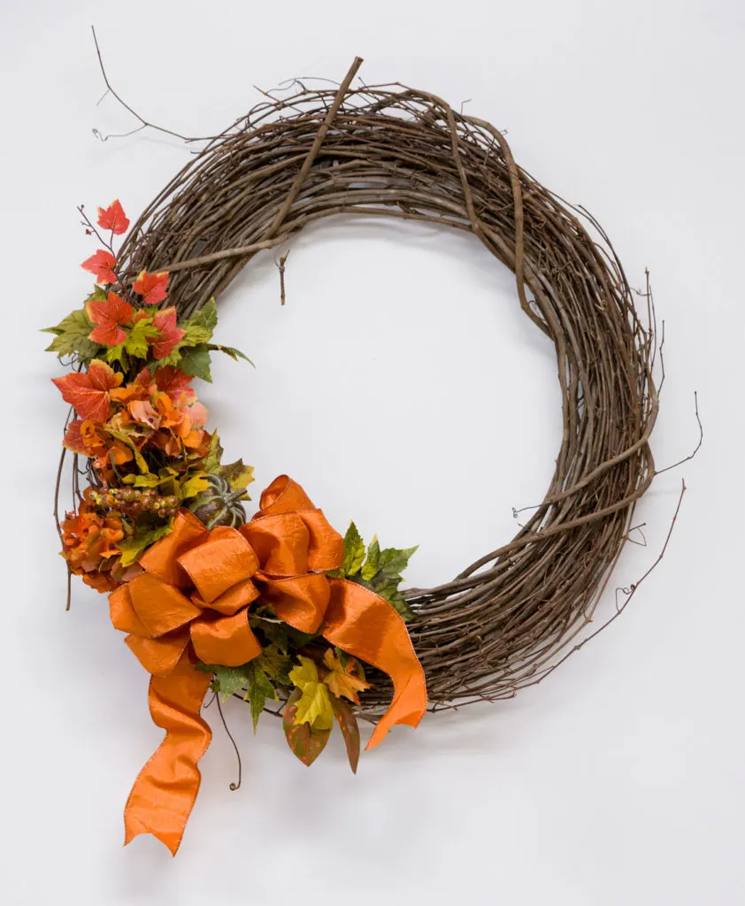 Fall grapevine wreath with one ribbon wonder bow