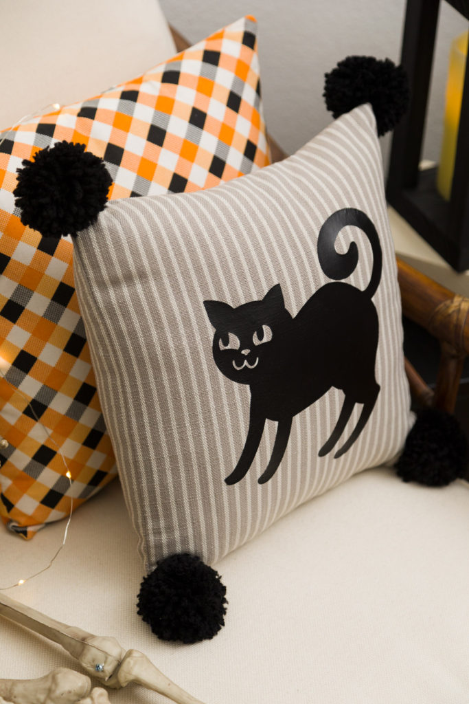 Envelope pillow cover and Cat pillow with pom poms
