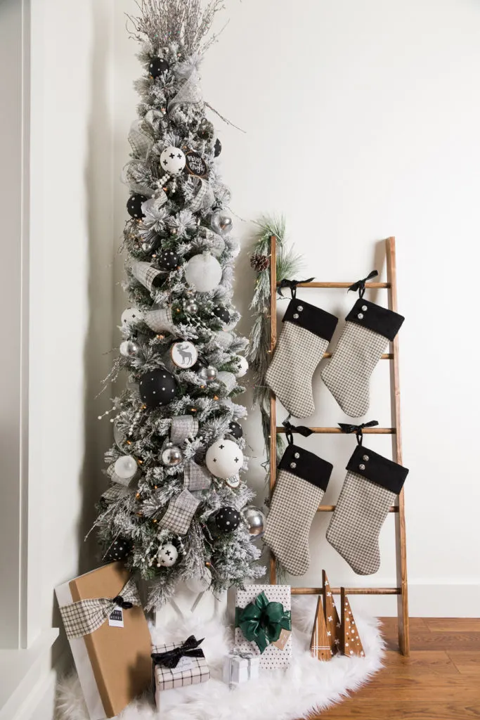 Modern Farmhouse DIY Christmas Tree, stockings, tree stand