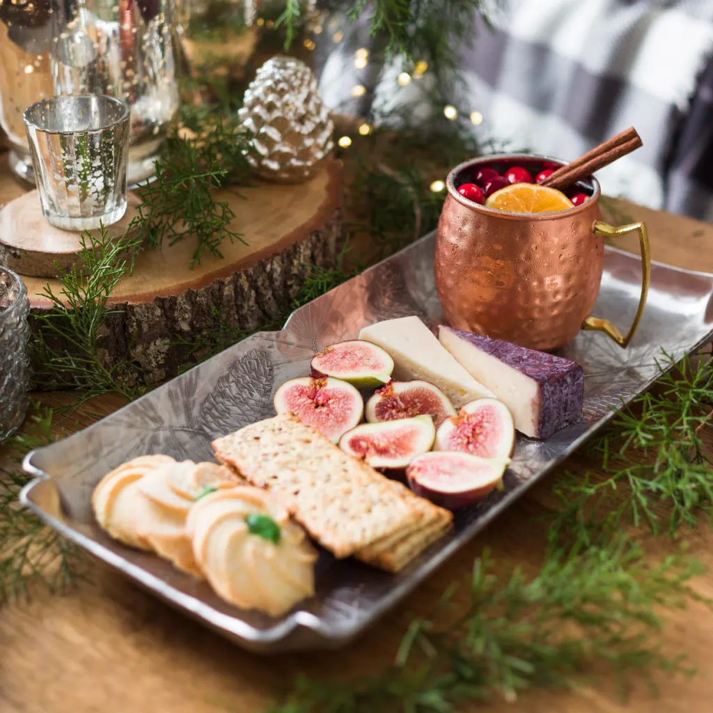 Christmas Moscow Mule Cocktails and cheese tray 