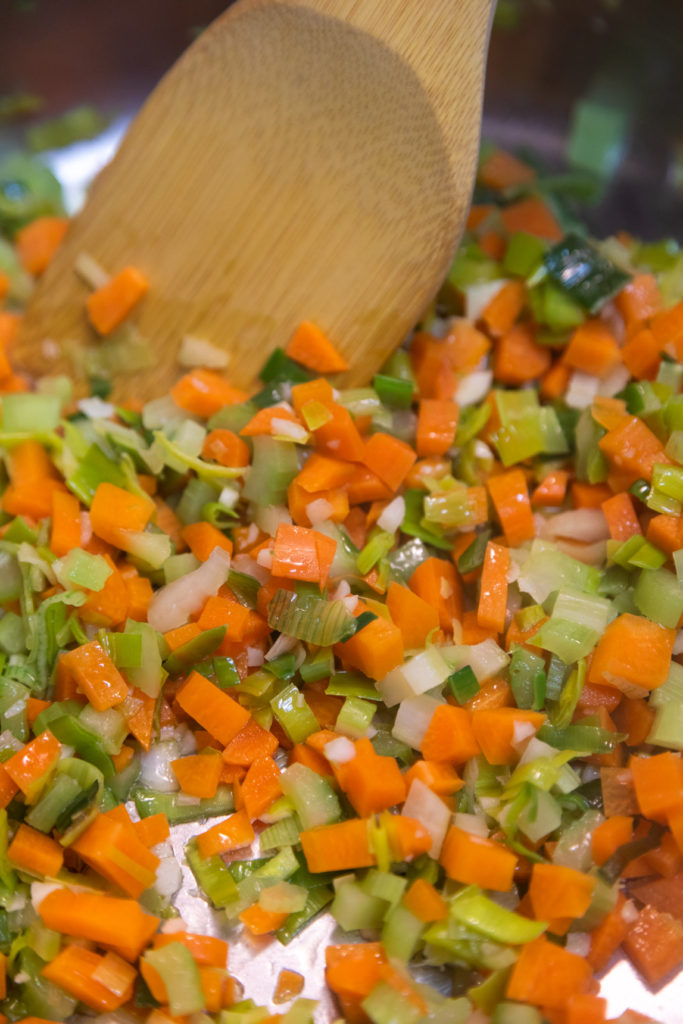 Sauteing soup vegetables 