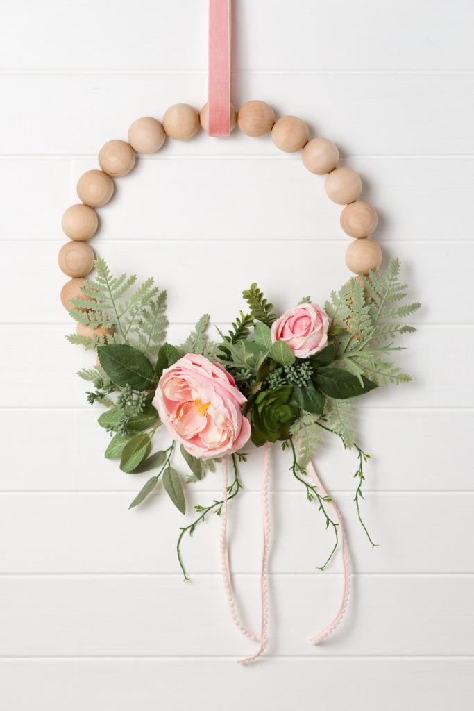 Peony and wood bead wreath