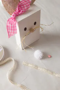 Wooden Bunny with lace, pom pom and button supplies