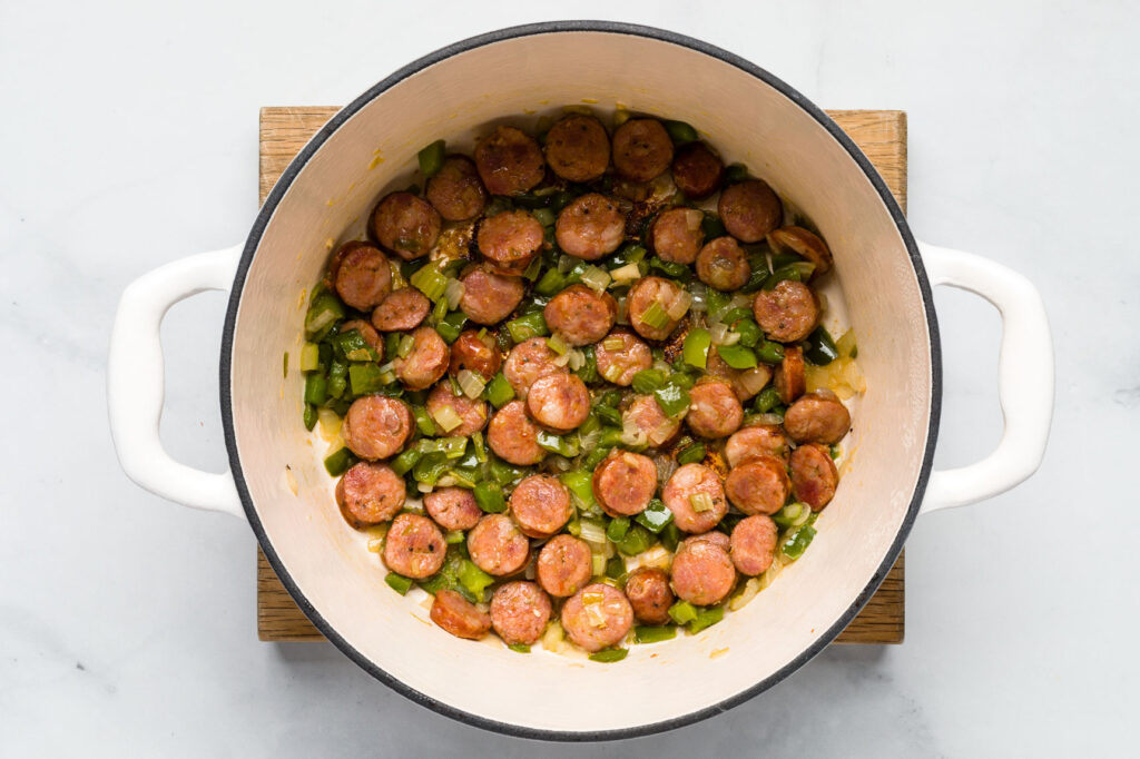 Cooked sausage and vegetables