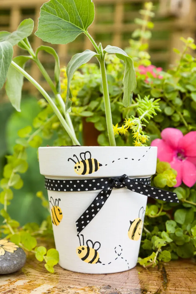 DIY Painted Flower Pot with hand painted bees and a black and white ribbon in the garden