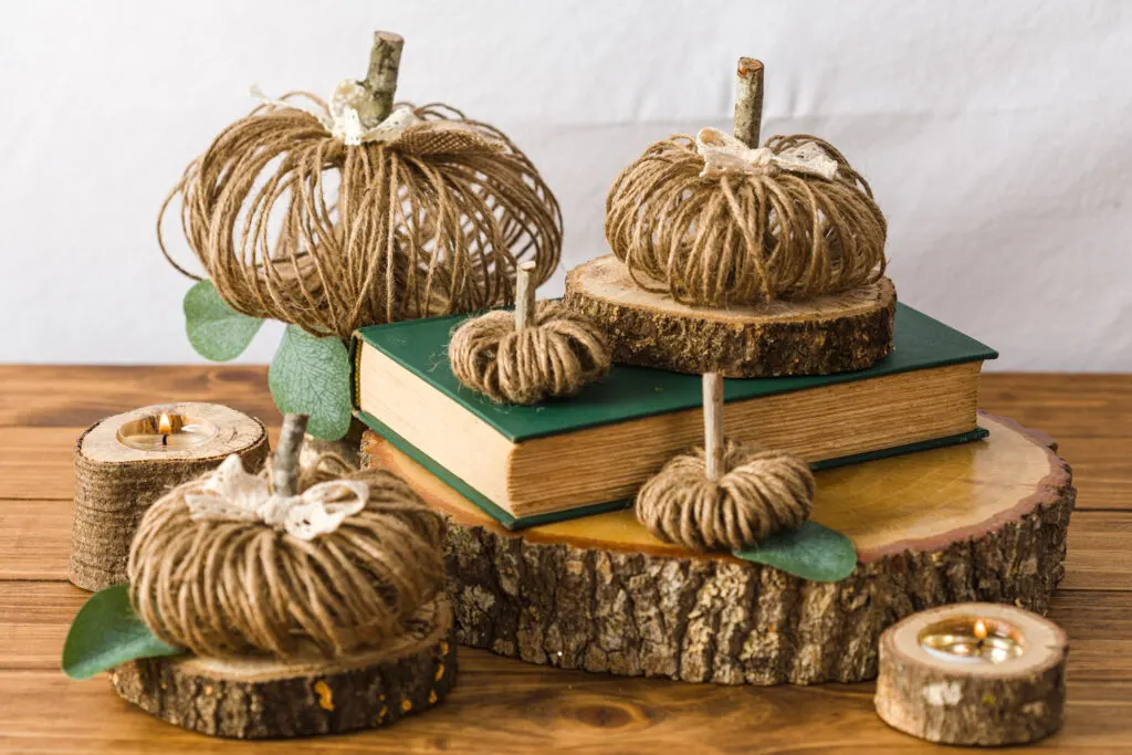 Fall vignette on wood slices and books on a wood table