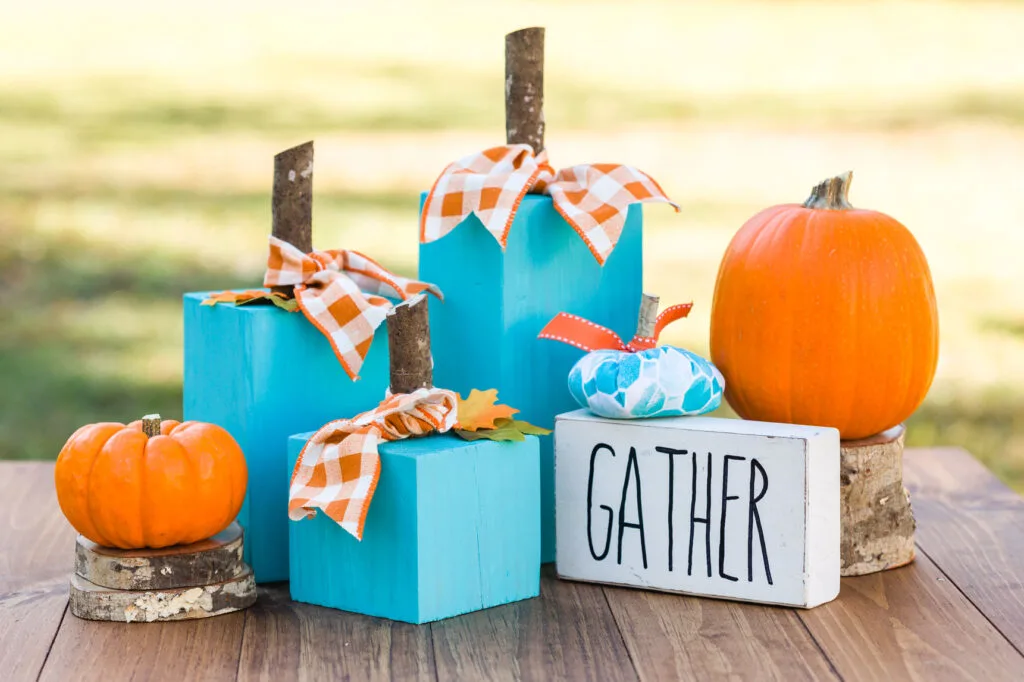 Teal Wooden Pumpkins TEAL Wooden Pumpkins on a wood table