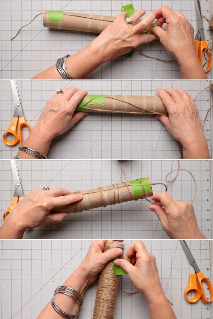 Steps for making the twine pumpkins around a paper towel 