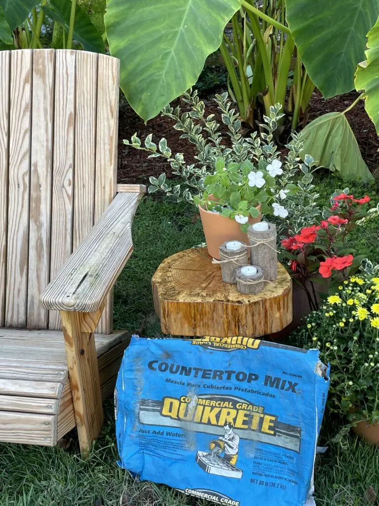 Quikrete bag with chair and wooden table in the garden 