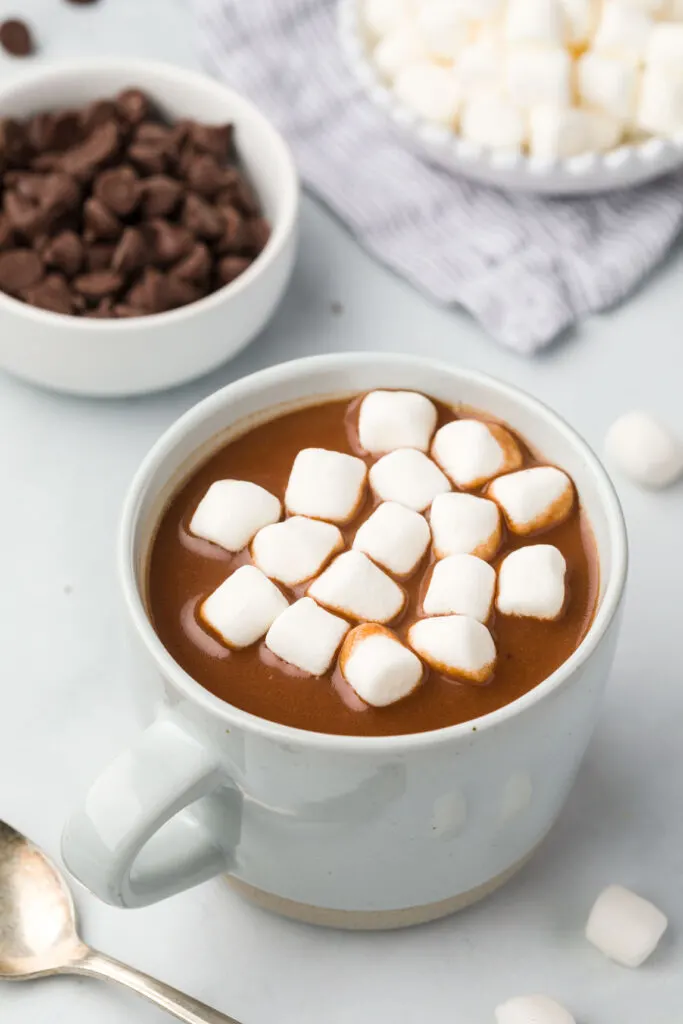 Crockpot hot chocolate in a mug topped with marshmallows