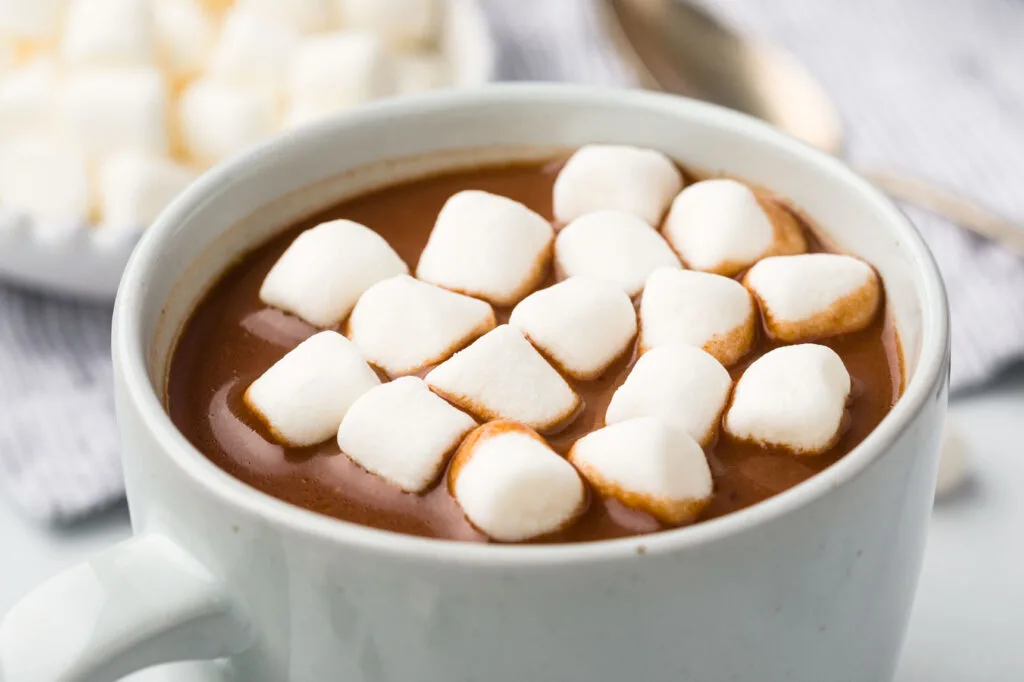Crockpot hot chocolate in a mug topped with mini marshmallows
