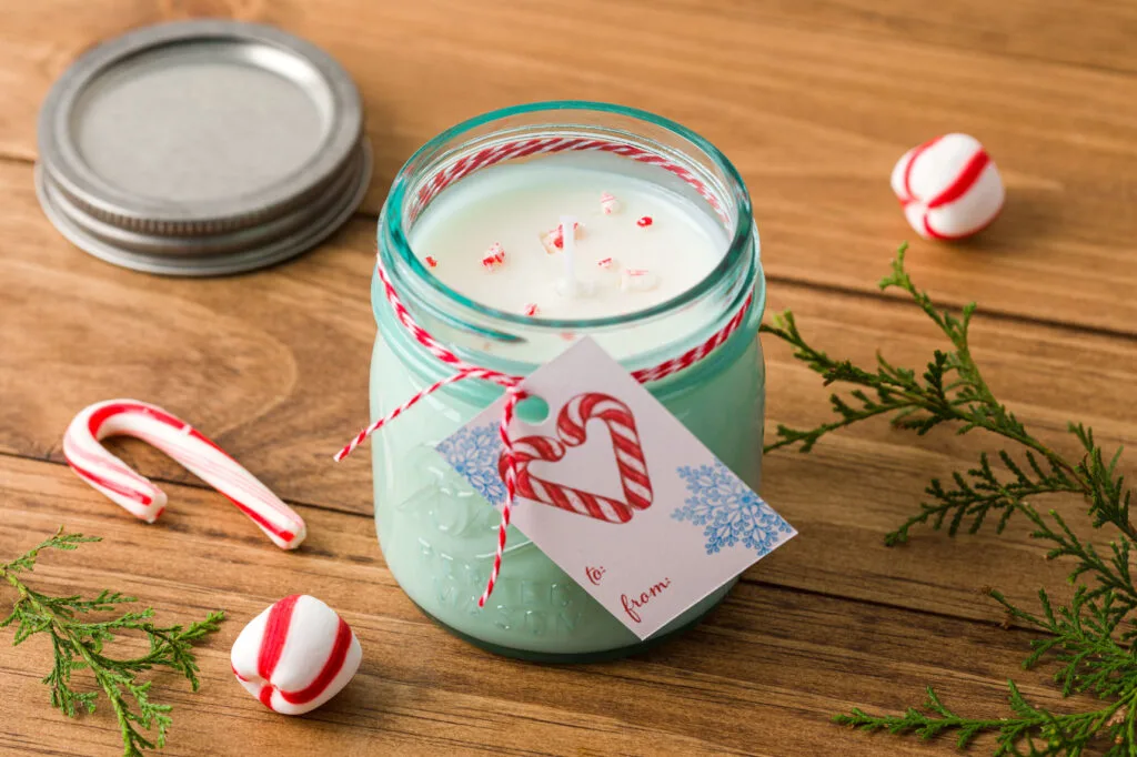Hand-crafted peppermint candle with gift tag and lid