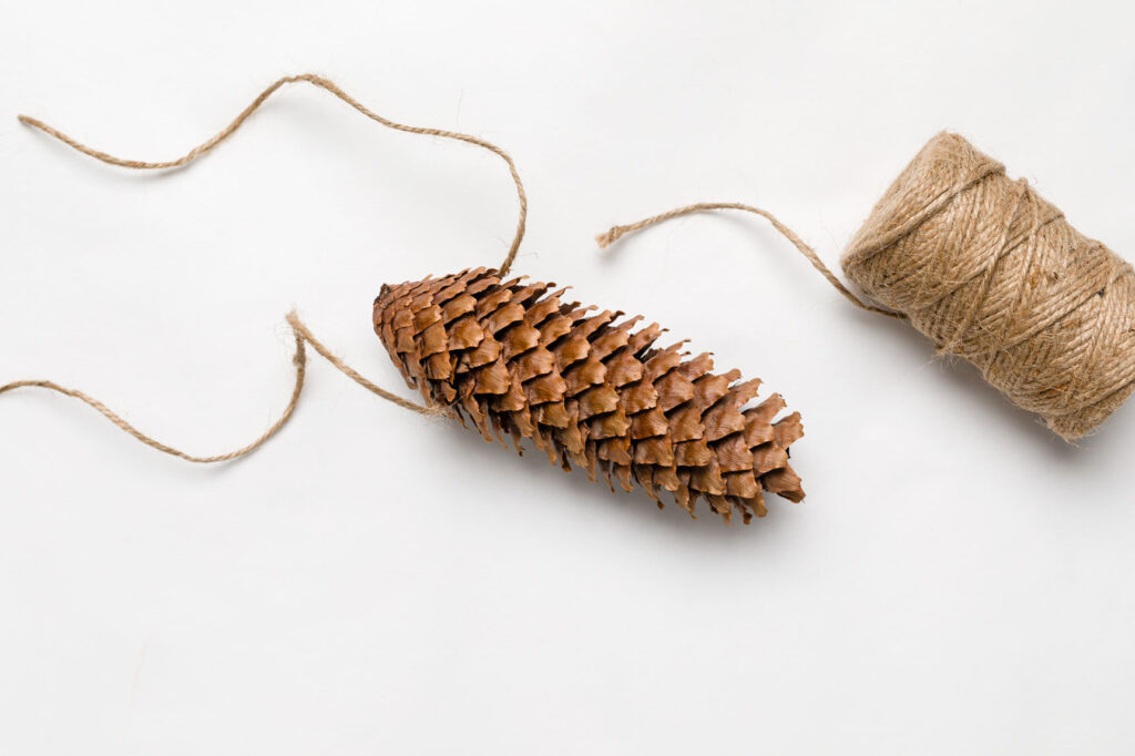 Pine cone with twine string wrapped around the pine cone on a craft table