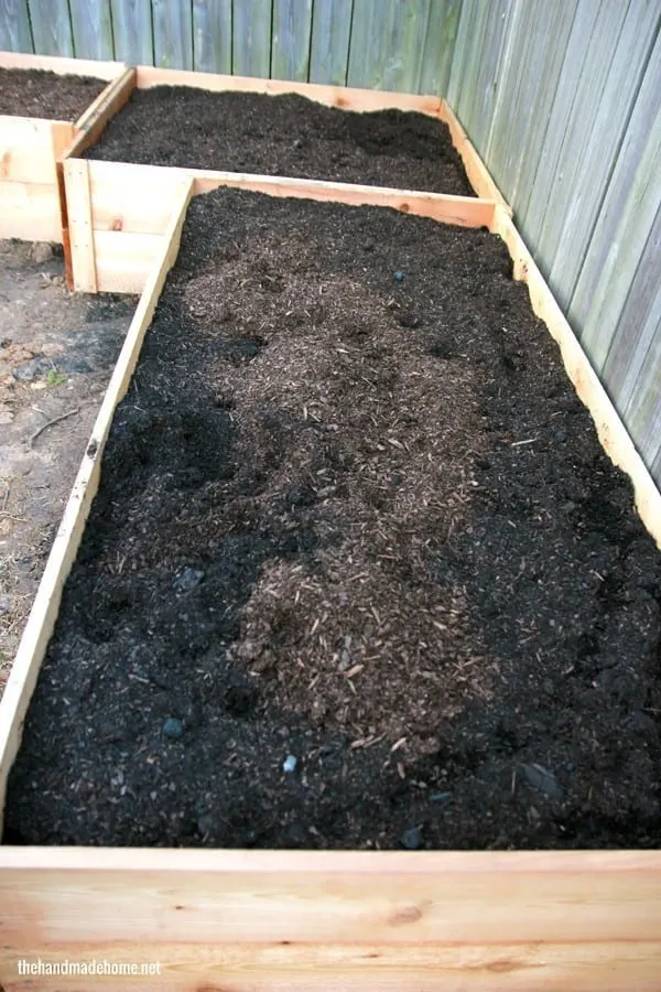 close up of DIY raised garden bed with soil