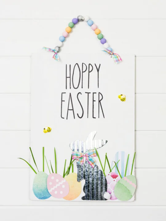 Hoppy Easter Sign with a metal bunny, paper eggs, and a bead hanger
