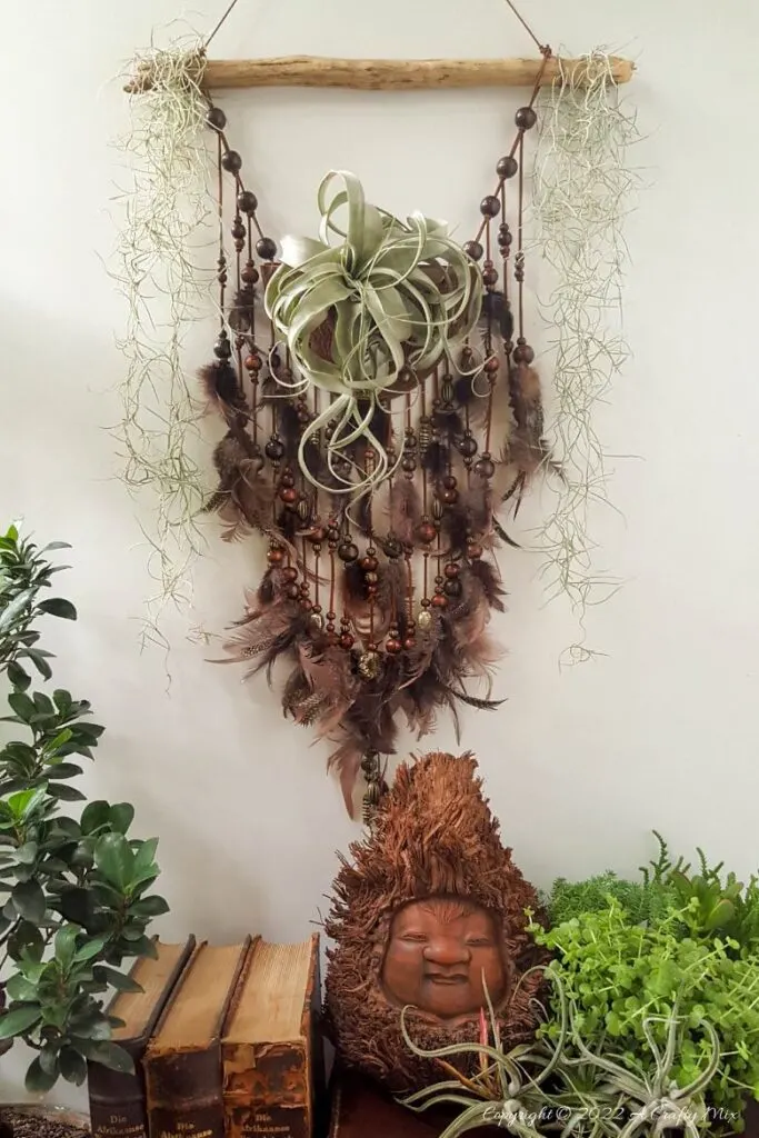Leather, feathers, and beads plant hanger hanging on a wall