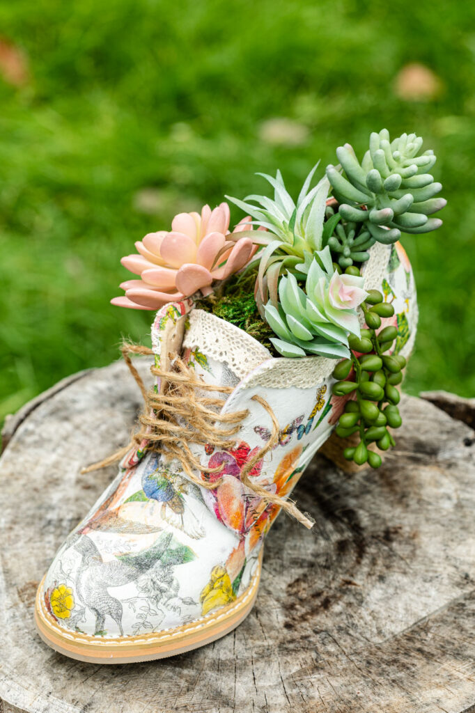 Decoupaged shoe filled with succulents on a tree stump 