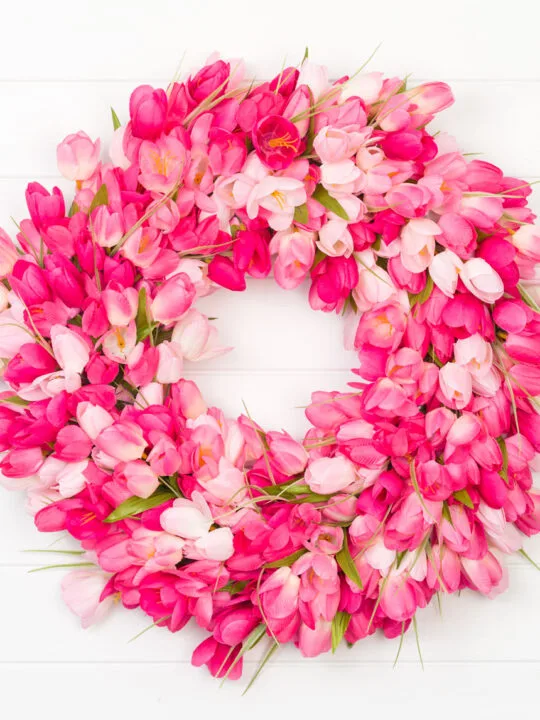 Pink tulip wreath hanging on a white wall