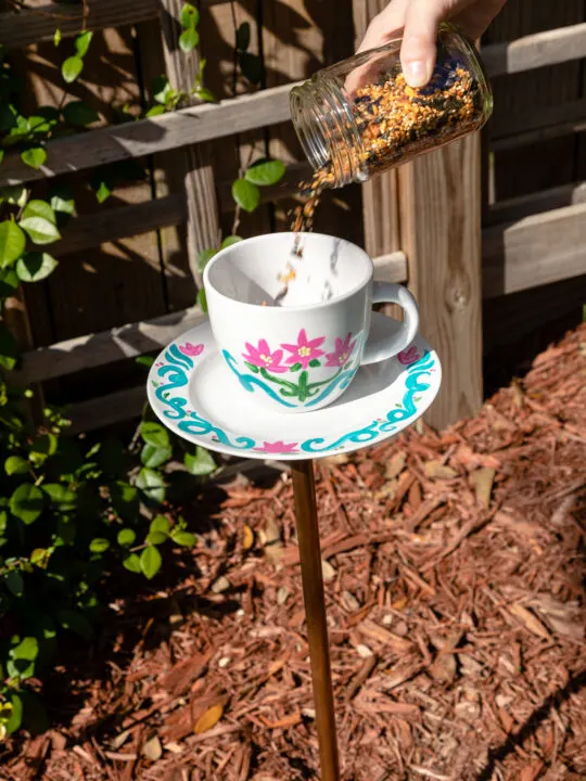 Filling a hot pink flowered teacup bird feeder with birdseed