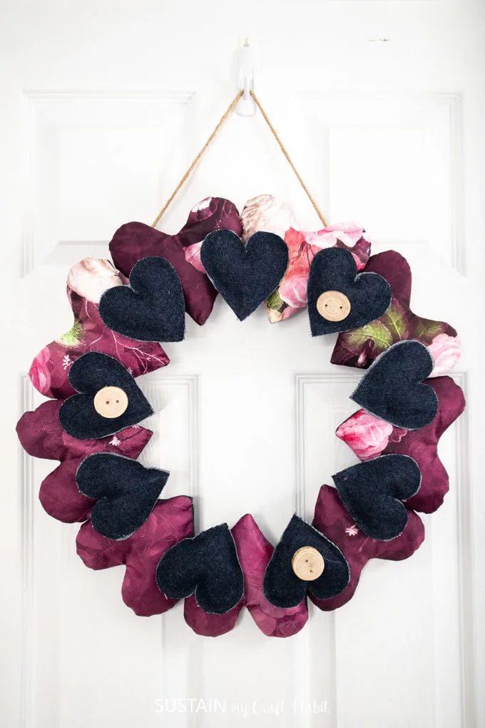 Blue and pink fabric heart wreath