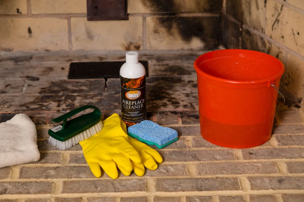 Fireplace Cleaning Supplies sitting in the firebox