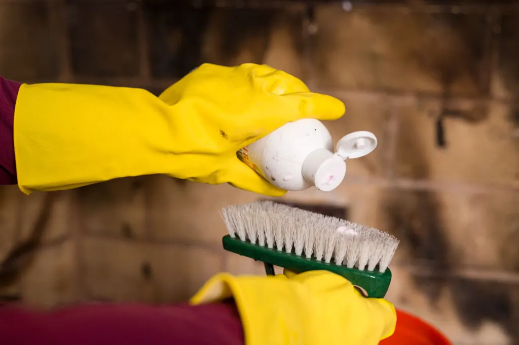 Appling the Fireplace Gel cleaner to the scrub brush