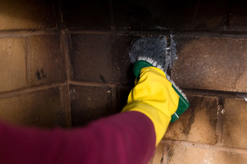 cleaning the soot off the firebox walls with a scrub brush