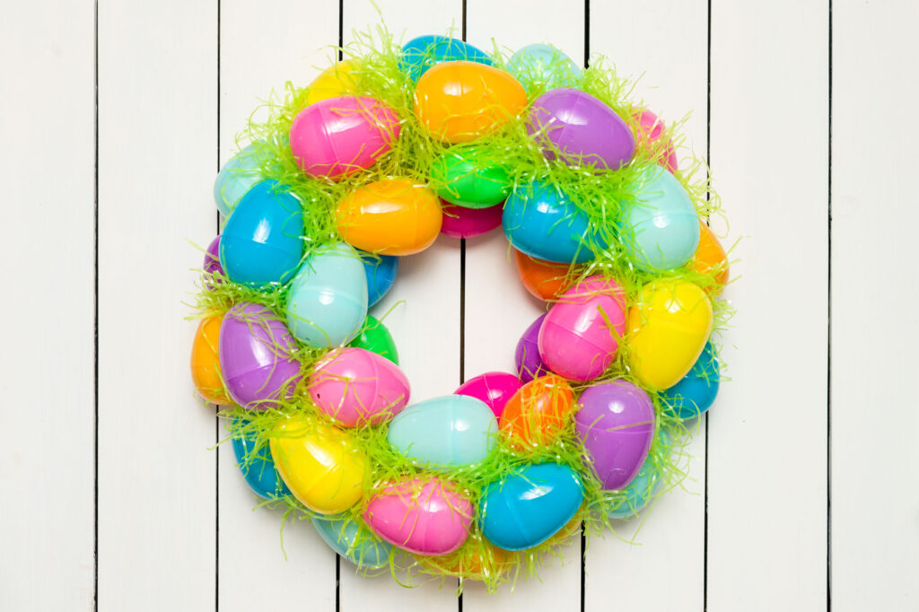 Easter Egg wreath on a white wood table