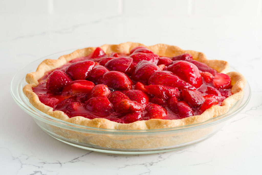 Strawberry pie in a glass dish