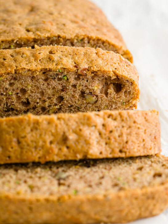 Sliced zucchini bread on a table