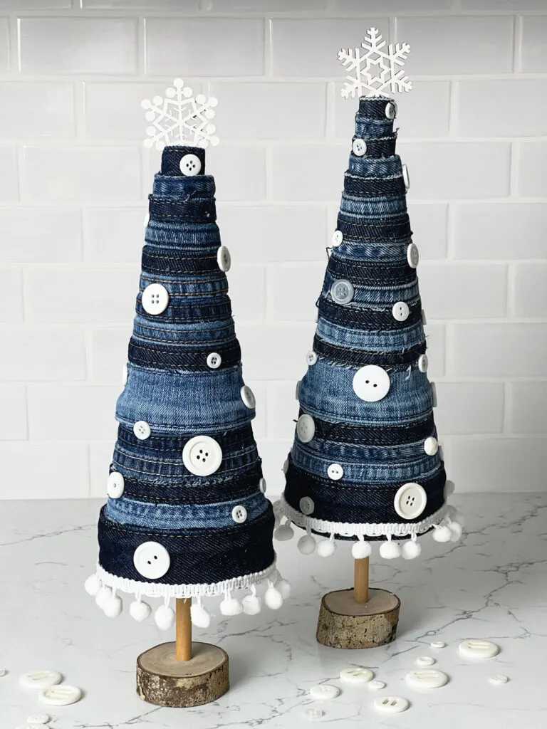 two denim Christmas trees