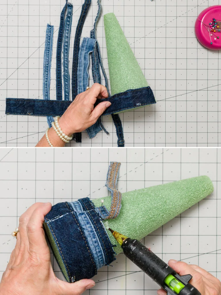 Attaching the denim strips to the form