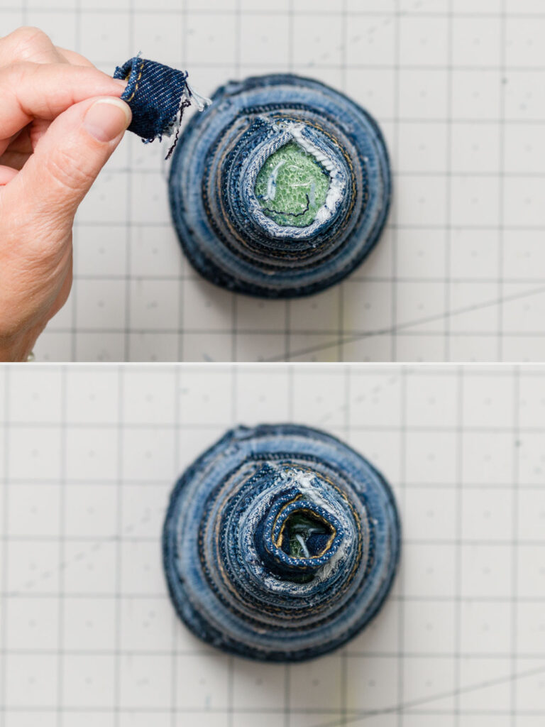 Add the denim fabric ring to the top 