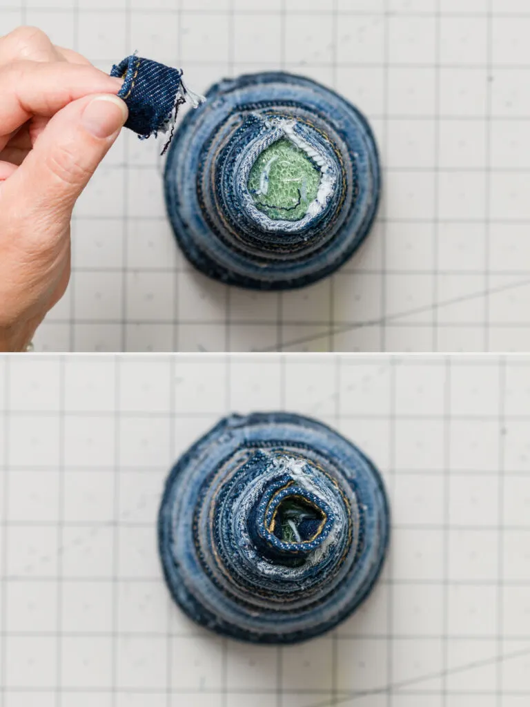 Add the denim fabric ring to the top 